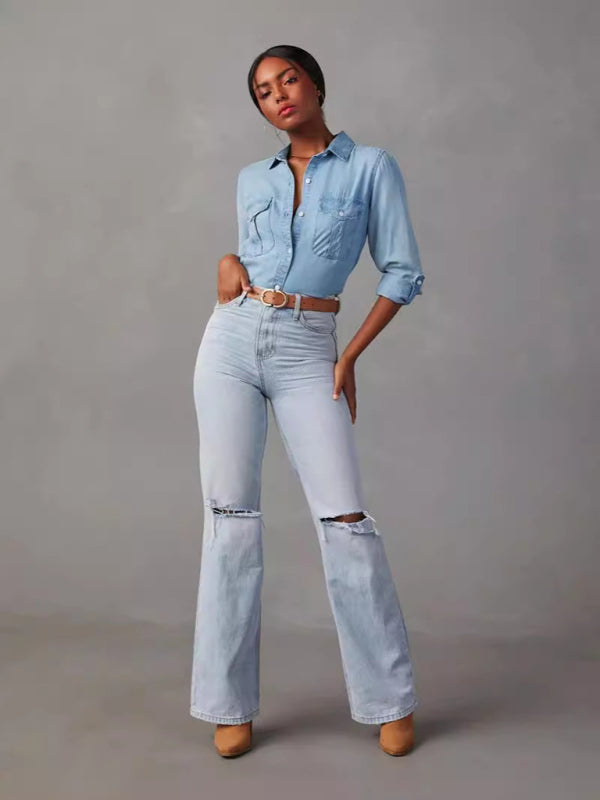 New casual lapel single-breasted women's long-sleeved denim