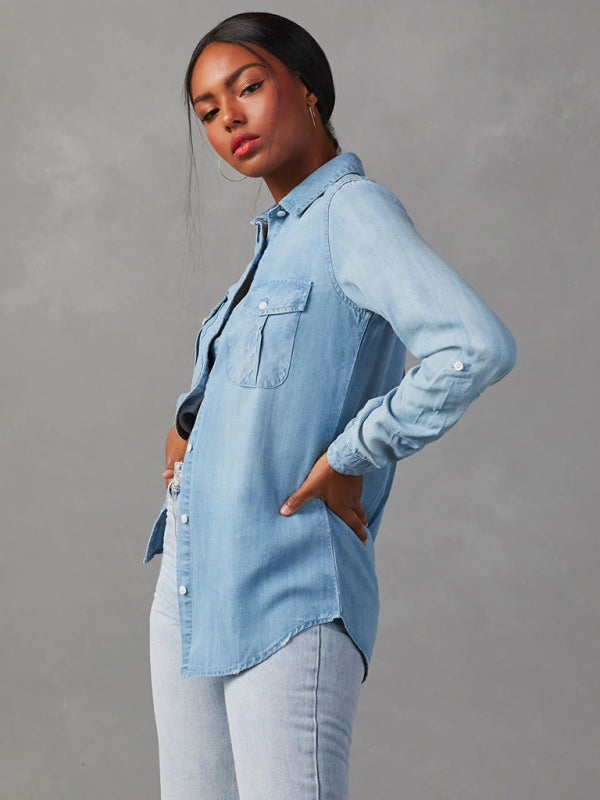 New casual lapel single-breasted women's long-sleeved denim