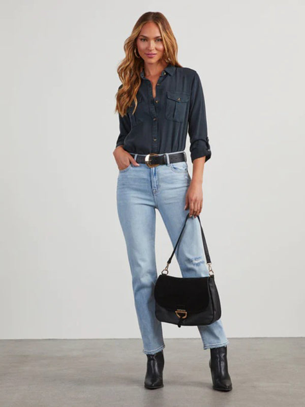 New casual lapel single-breasted women's long-sleeved denim