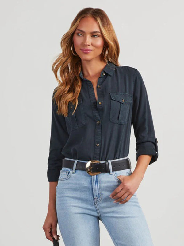 New casual lapel single-breasted women's long-sleeved denim