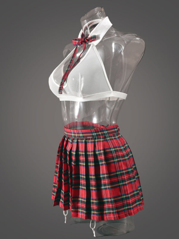 Role Play Plaid Pleated Skirt Sexy Lingerie Multi-Piece Set