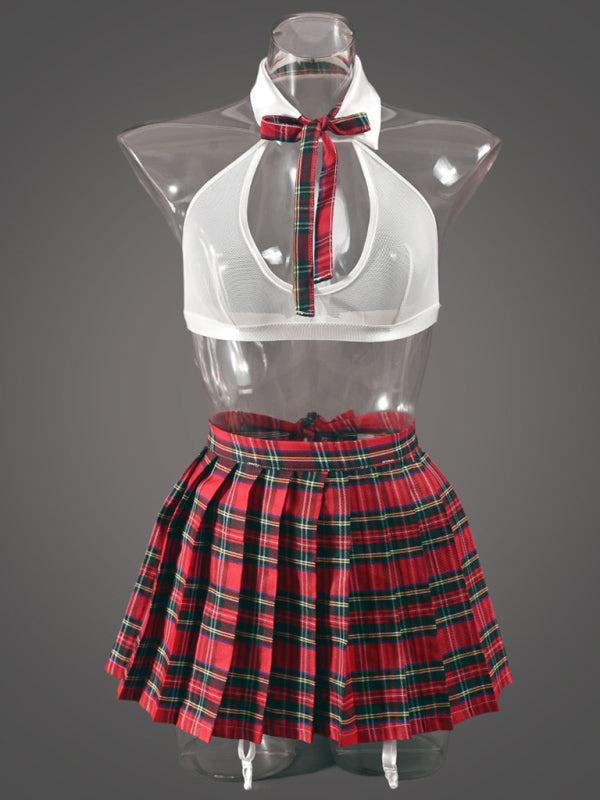 Role Play Plaid Pleated Skirt Sexy Lingerie Multi-Piece Set