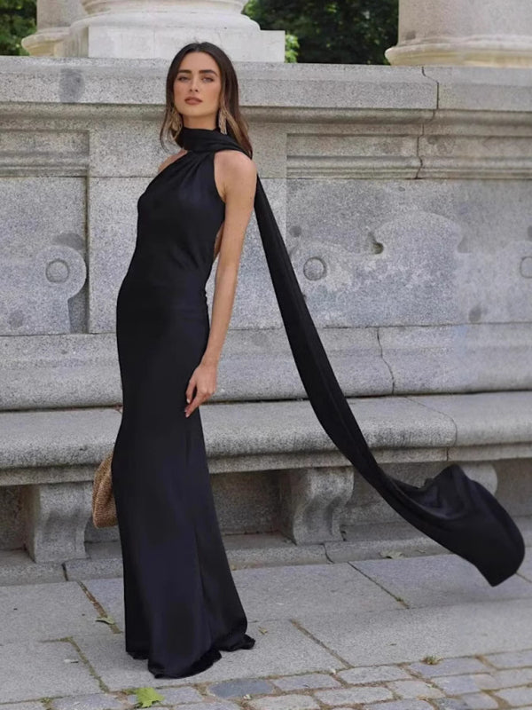 New fashion simple single shoulder floor-length dress