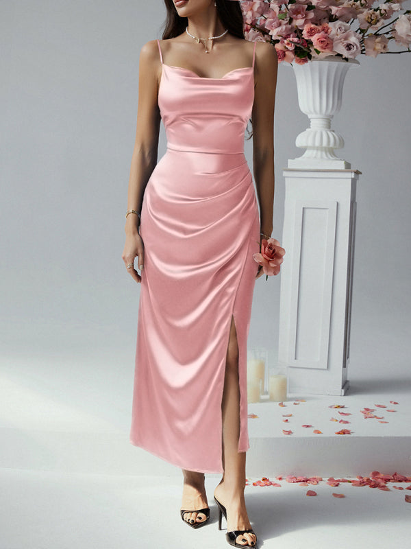 Sexy solid color suspender dress evening gown