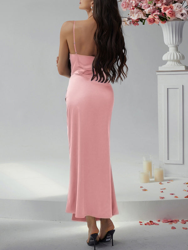 Sexy solid color suspender dress evening gown