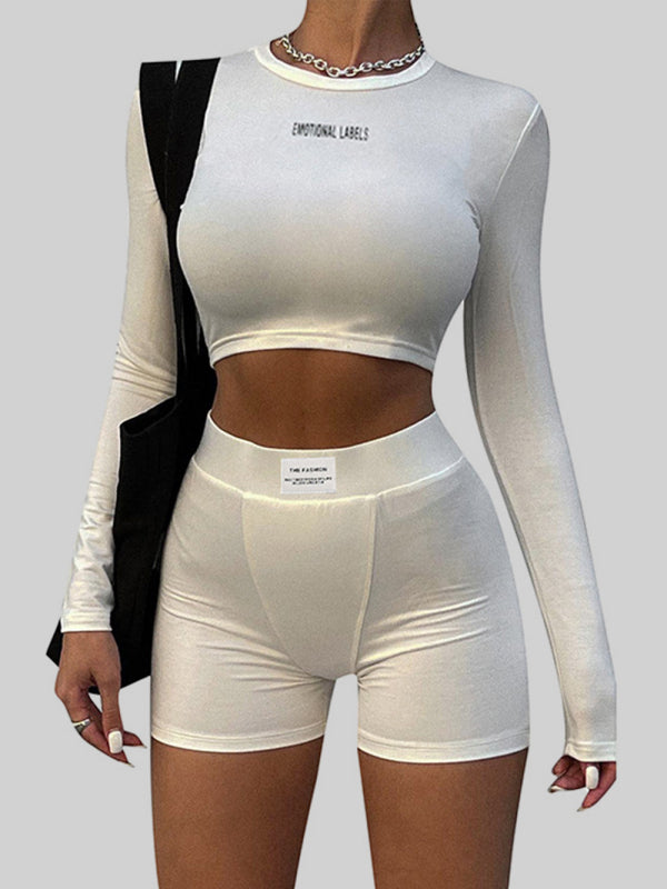 Women's knitted round neck long sleeve + shorts two-piece sets