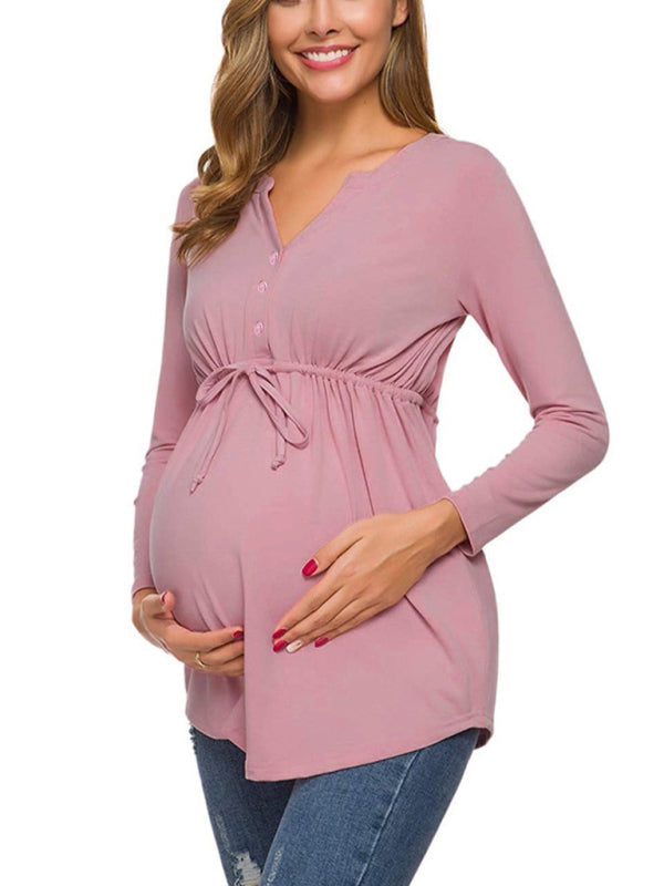 Maternity solid color drawstring button half cardigan long-sleeve T-shirt