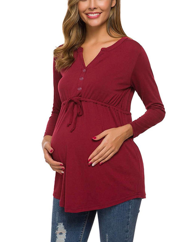 Maternity solid color drawstring button half cardigan long-sleeve T-shirt