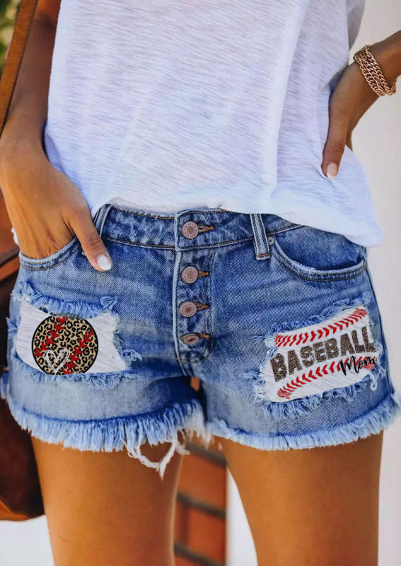 Button-breasted printed patch denim shorts with ripped fringed hot pants