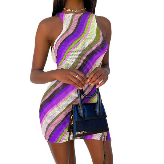 Women's Knitted Slim Sleeveless Round Neck Color Stripe Dress